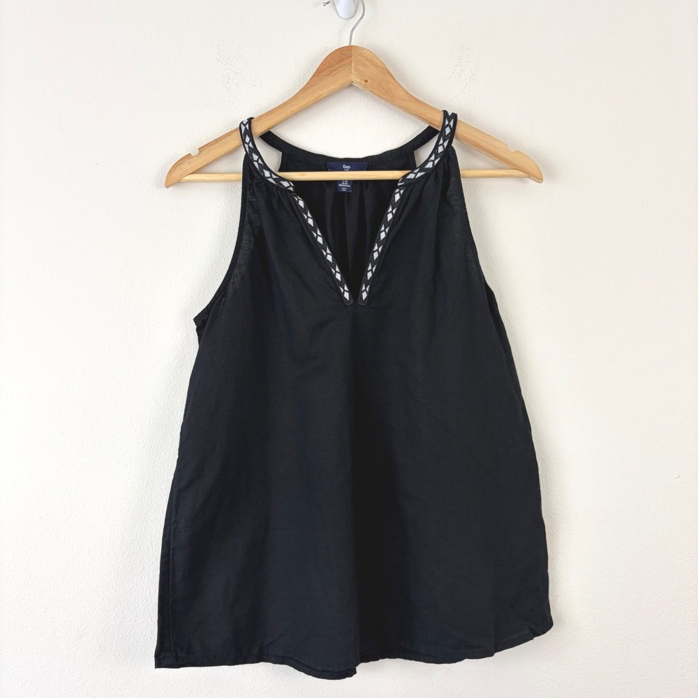 Minimalist Gap Black Linen Blend Embroidered V-Neck Sleeveless Tank Top XS